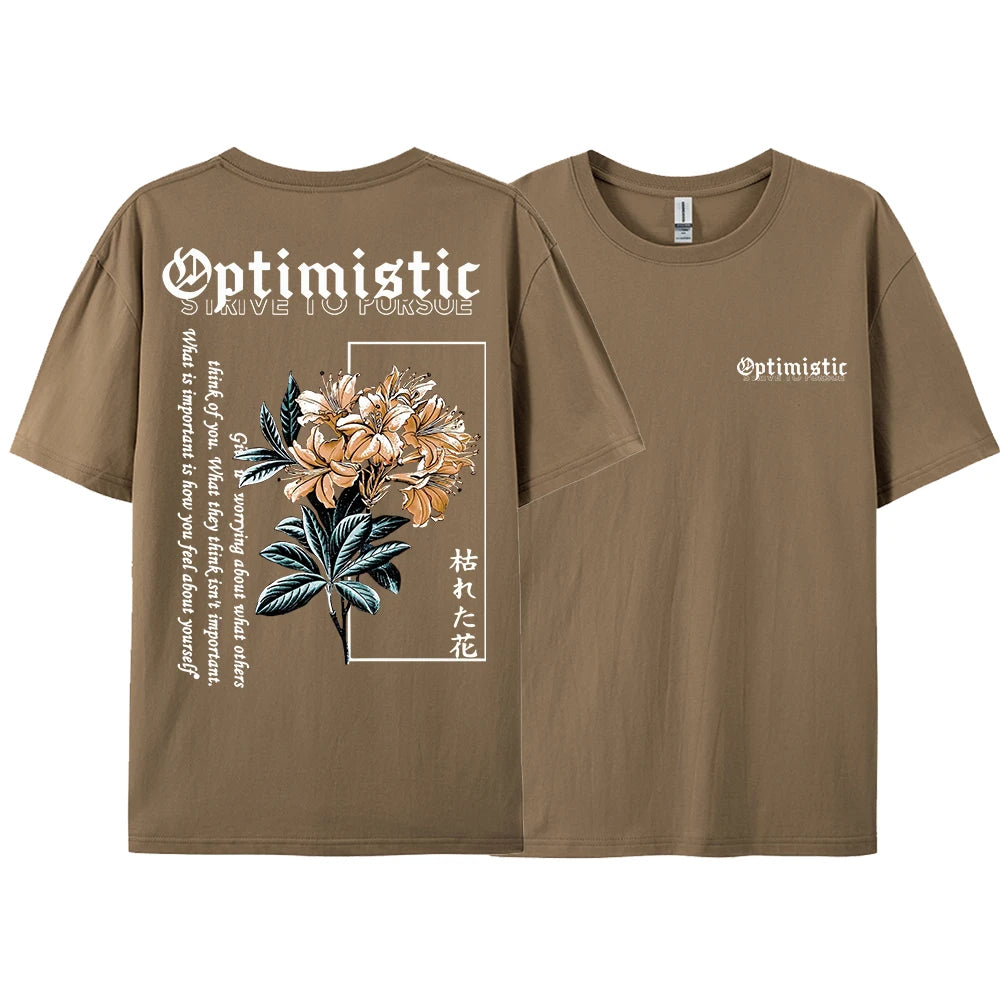 Optimistic Strive to Porsue Harajuku Flower Printing Male Tshirt Oversized Loose T Shirts Cotton T Shirts Breathable T-Shirts