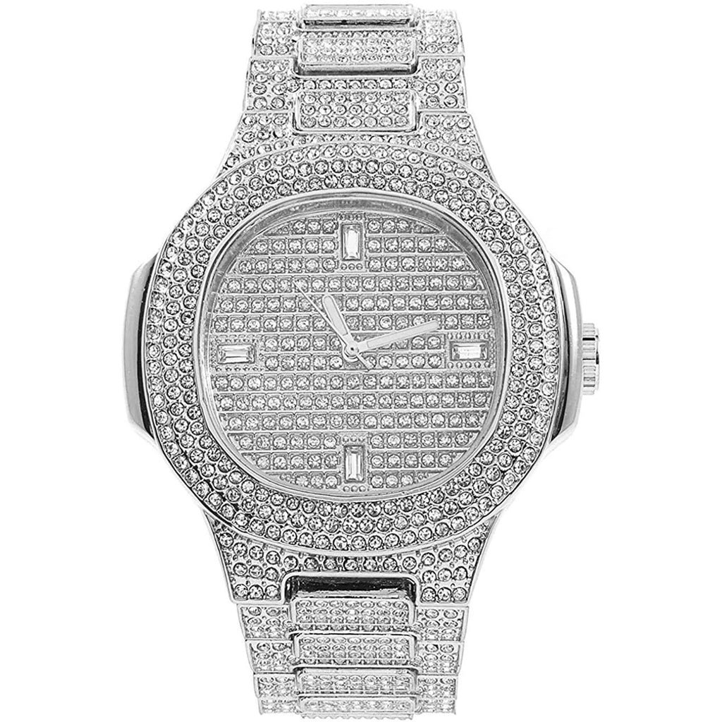 Silver Plated Bling-Ed Out Oblong Case Metal Mens Watch W/Matching Cuban Chain Bracelet, Cuban Necklace, Tennis Chain & Ring Size 9-8967CRNTS (9)