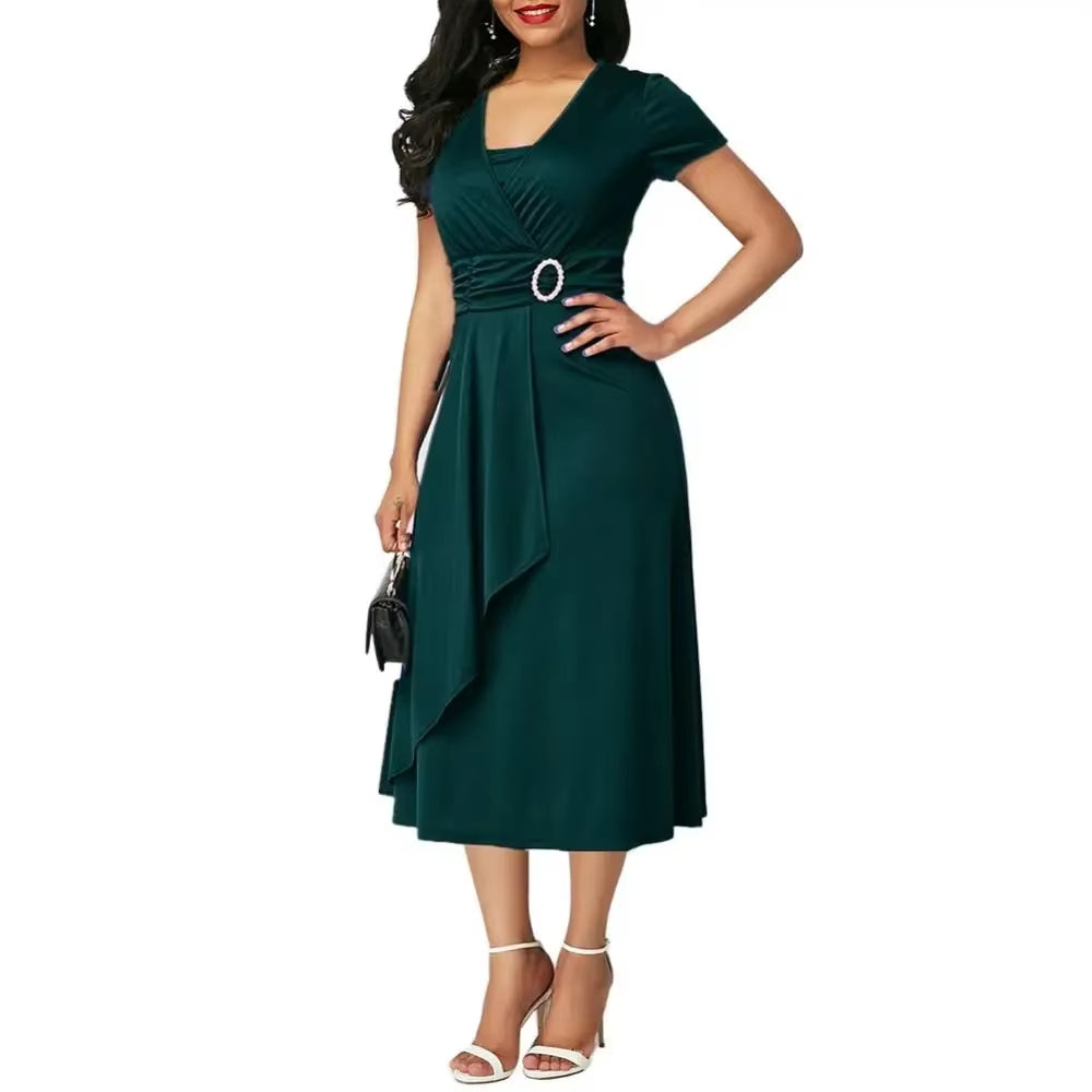 Elegant Women Solid Color Short Sleeve V Neck Asymmetric Hem Waist Tight Midi Party Dress Ladies Evening Vestidos