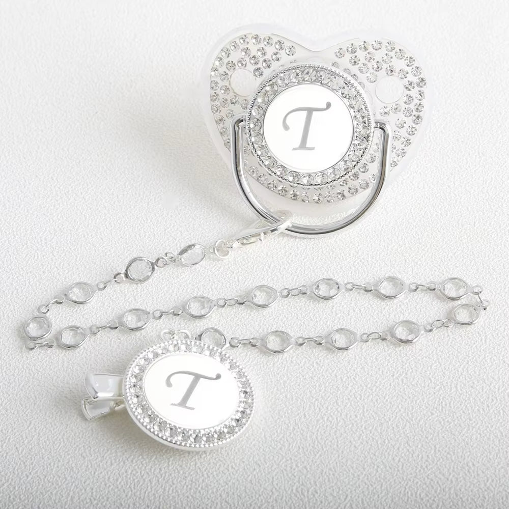 26 Initial Letter Transparent Baby Pacifier with Chain BPA Free Luxury Silver Dummy Soother