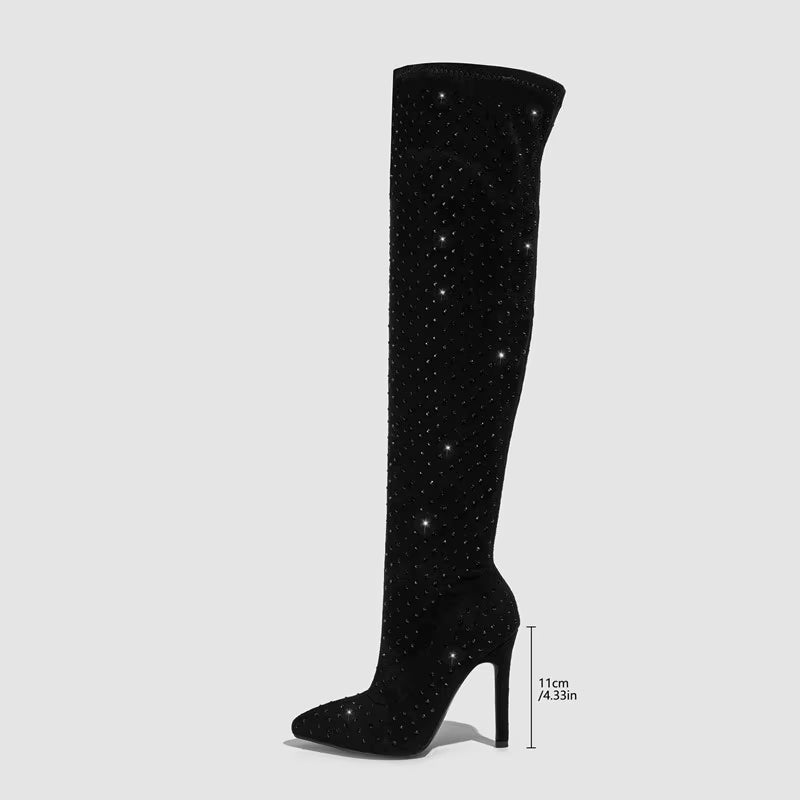 Bling Bling Rhinestones Faux Suede Elastic Women Thigh High Boots Fashion Autumn Winter High Heels over the Knee Long Boots Shoe