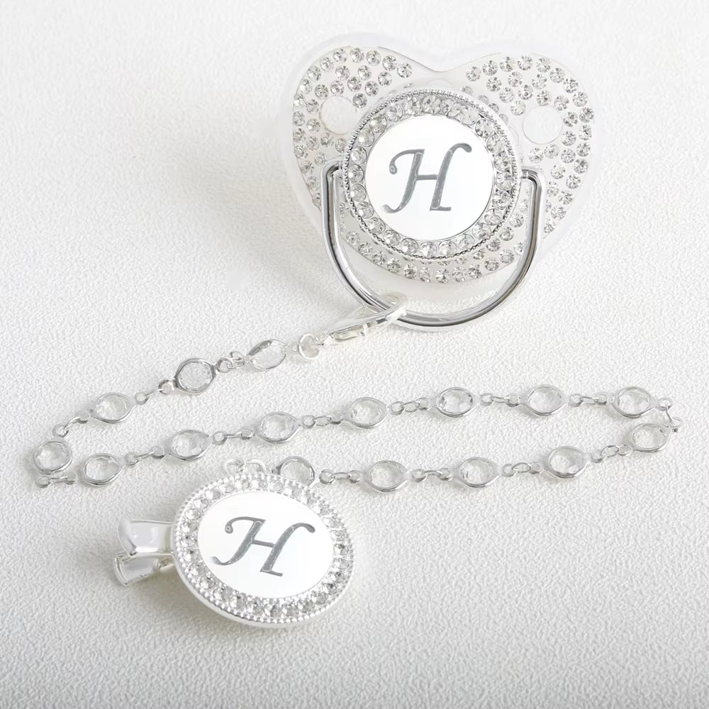 26 Initial Letter Transparent Baby Pacifier with Chain BPA Free Luxury Silver Dummy Soother
