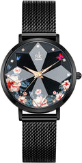 Creative Ultra Thin Minimalist Starry Sky Flower Dial Women Watch with Stainless Steel Mesh Band Genuine Leather Elegant Women Watches