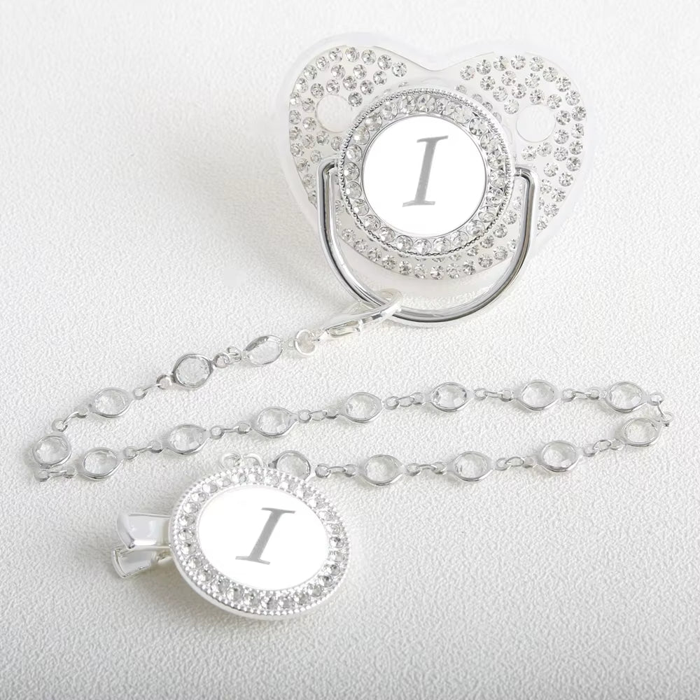 26 Initial Letter Transparent Baby Pacifier with Chain BPA Free Luxury Silver Dummy Soother