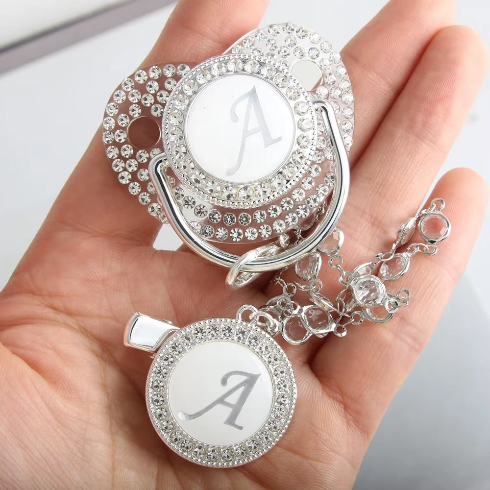 26 Initial Letter Transparent Baby Pacifier with Chain BPA Free Luxury Silver Dummy Soother