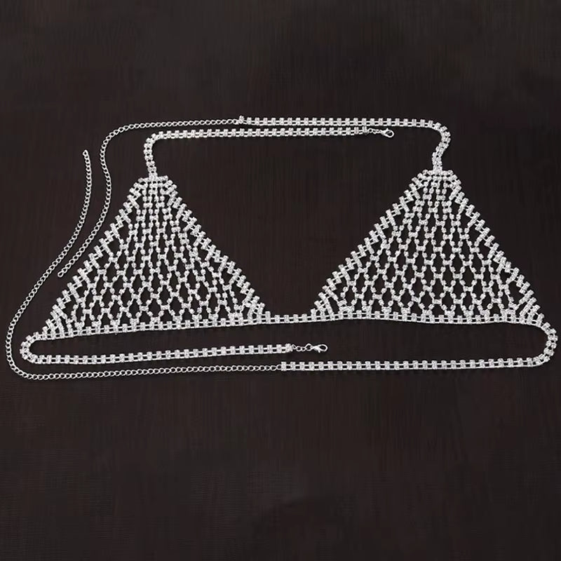 Stonefans Boho Rhinestone Grid Chest Chain and Thong Jewellery Lingerie Panties Women'S Harness Bra Sexy Mesh Bodies Accessories