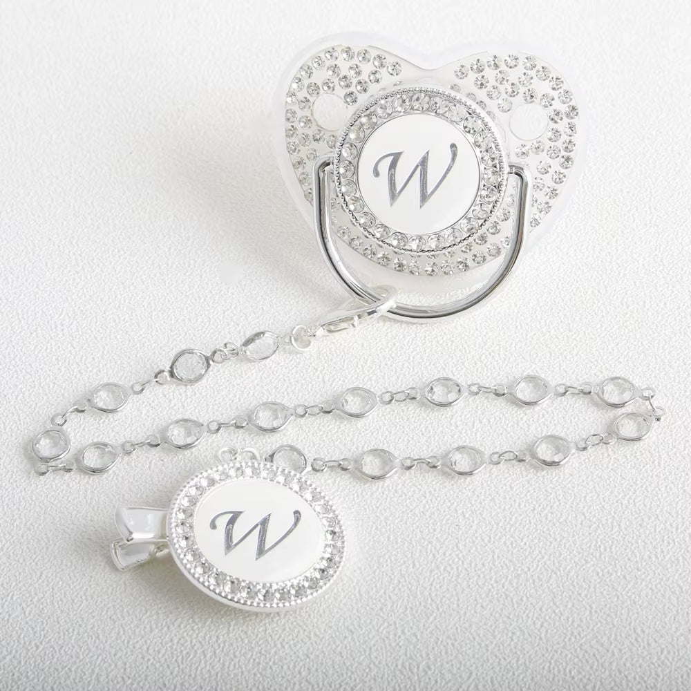 26 Initial Letter Transparent Baby Pacifier with Chain BPA Free Luxury Silver Dummy Soother