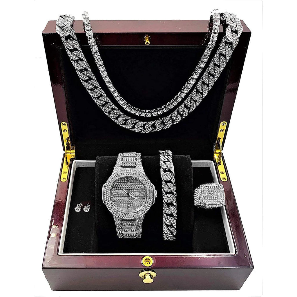 Silver Plated Bling-Ed Out Oblong Case Metal Mens Watch W/Matching Cuban Chain Bracelet, Cuban Necklace, Tennis Chain & Ring Size 9-8967CRNTS (9)