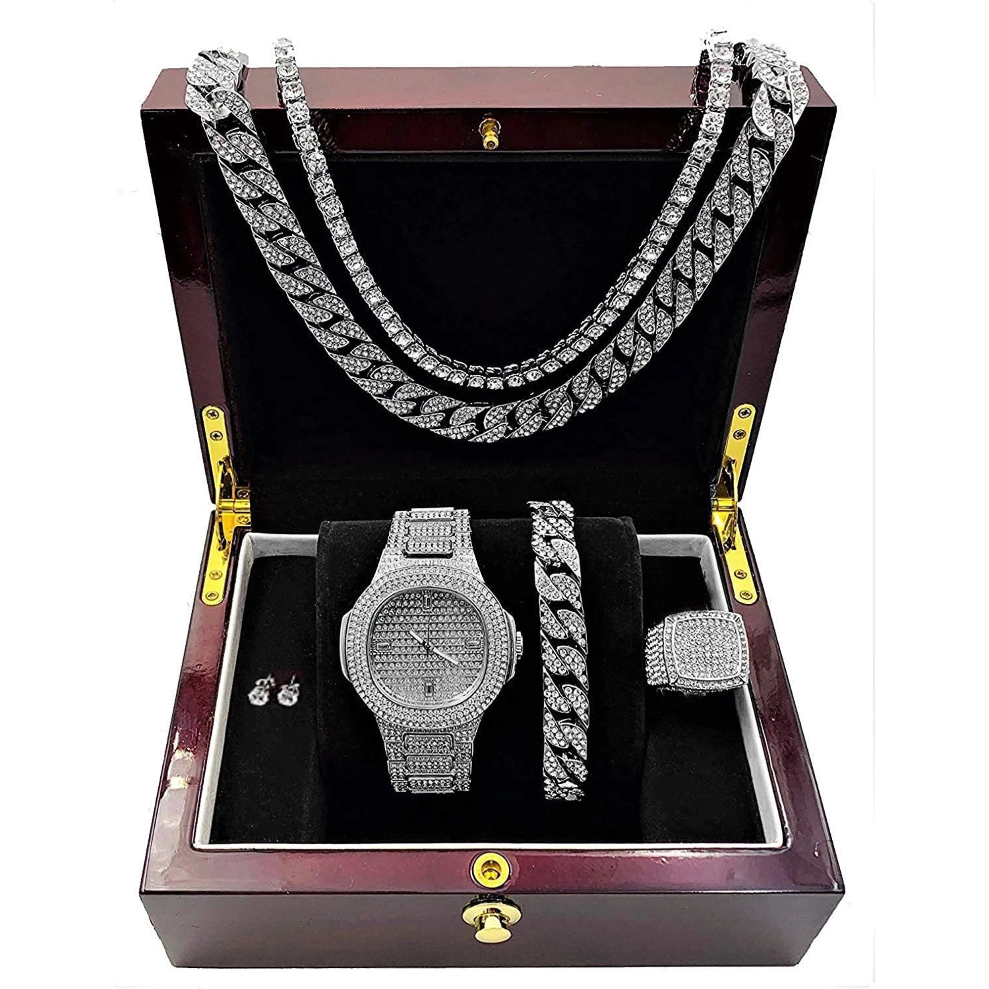 Silver Plated Bling-Ed Out Oblong Case Metal Mens Watch W/Matching Cuban Chain Bracelet, Cuban Necklace, Tennis Chain & Ring Size 9-8967CRNTS (9)